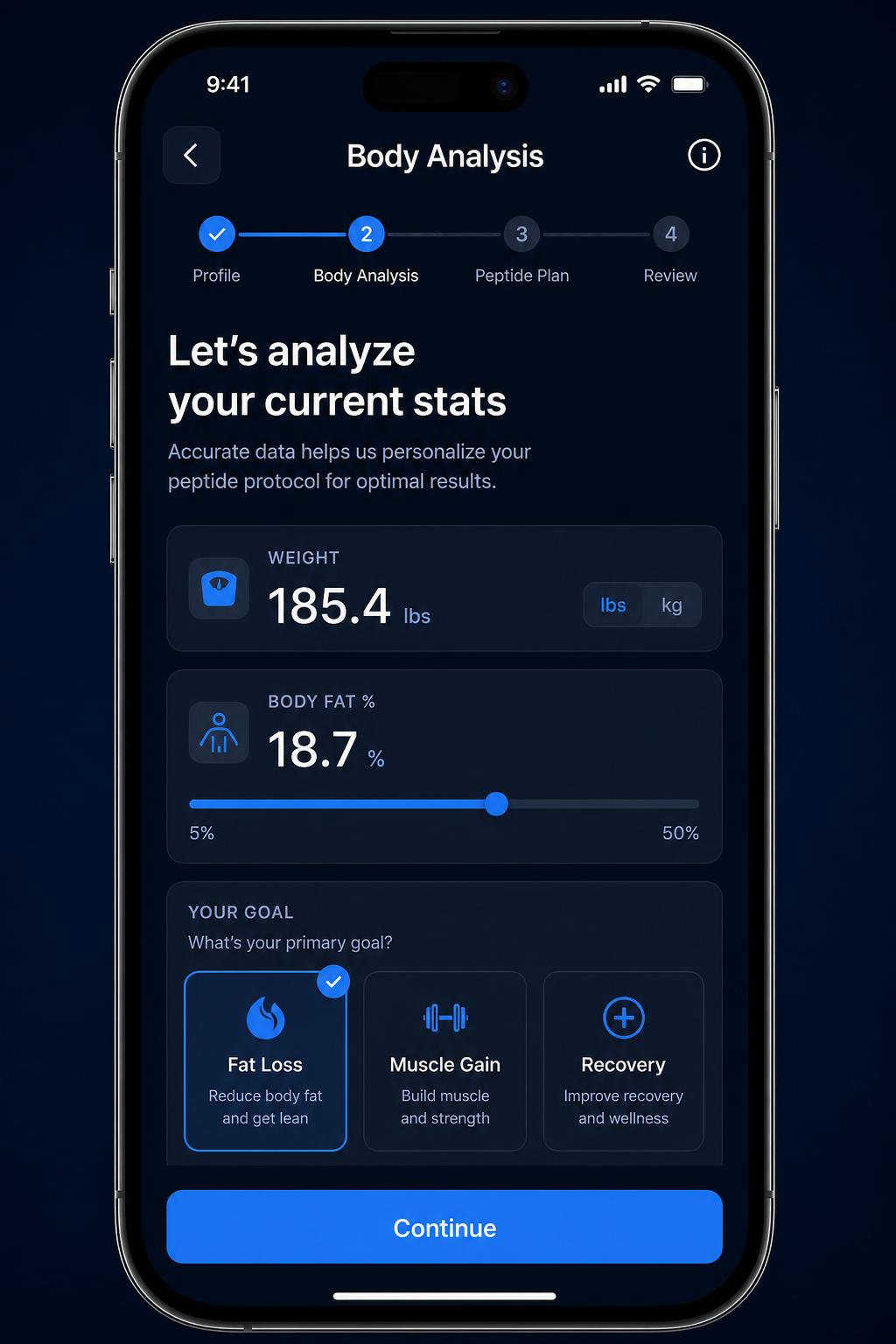 Vitagenix app — body analysis screen